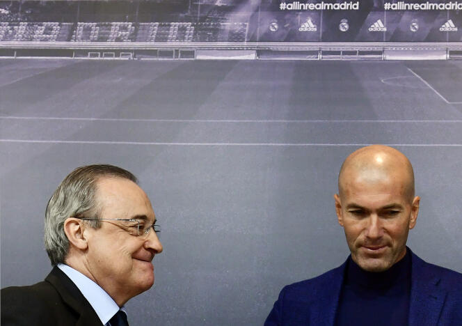 Florentino Pérez (à gauche) et Zinédine Zidane, le 31 mai 2018 à Madrid