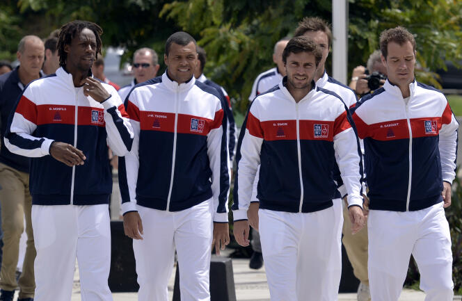 Les Mousquetaires (de gauche à droite) Gael Monfils, Jo-Wilfried Tsonga, Gilles Simon, le 3 mars 2016 à Point-à-Pitre avant un match de Coupe David.