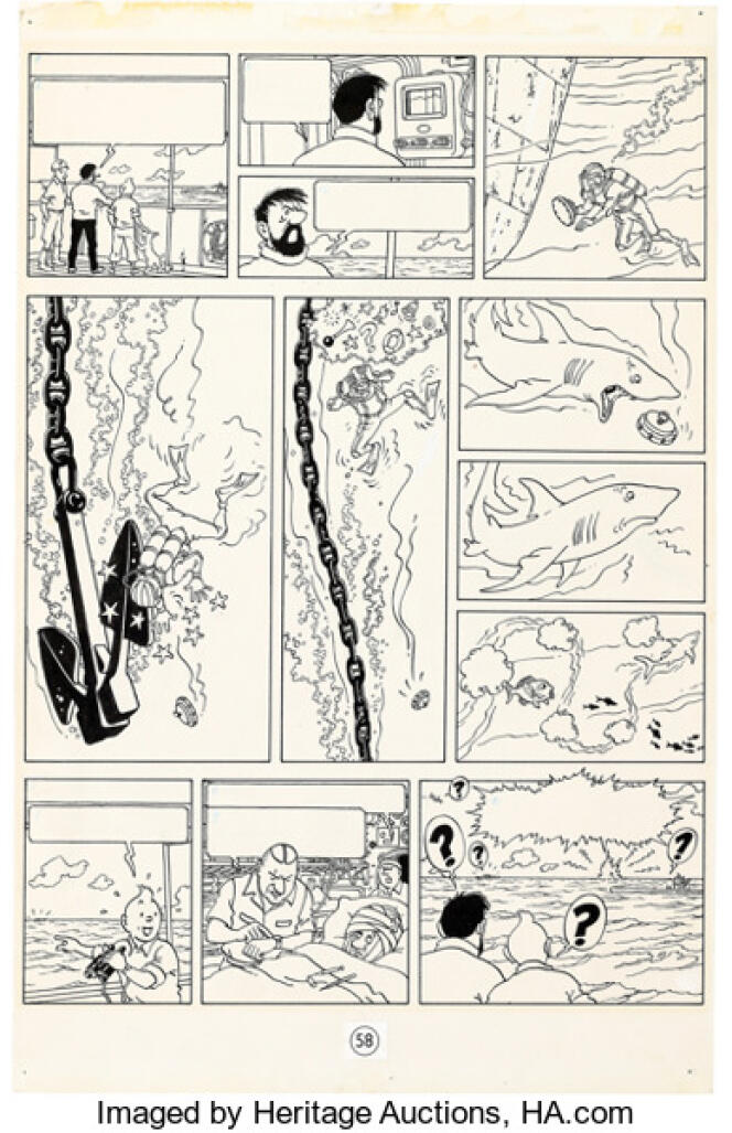 La planche 58 de l’album « Coke en stock » avec Tintin, dessinée à l’encre d’Inde par Hergé.