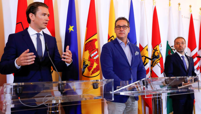 Le chancelier autrichien Sebastian Kurz, le vice-chancelier Heinz-Christian Strache et le ministre de l’intérieur Herbert Kickl, à Vienne, le 8 juin.
