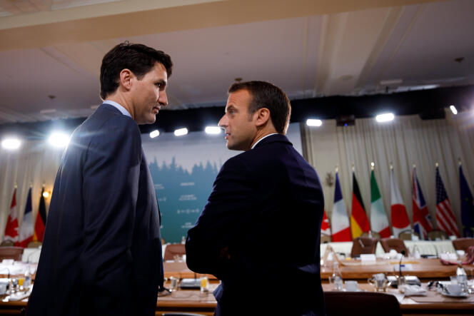 Le premier ministre canadien, Justin Trudeau, et Emmanuel Macron lors du sommet du G7, à La Malbaie (Québec), le 9 juin.