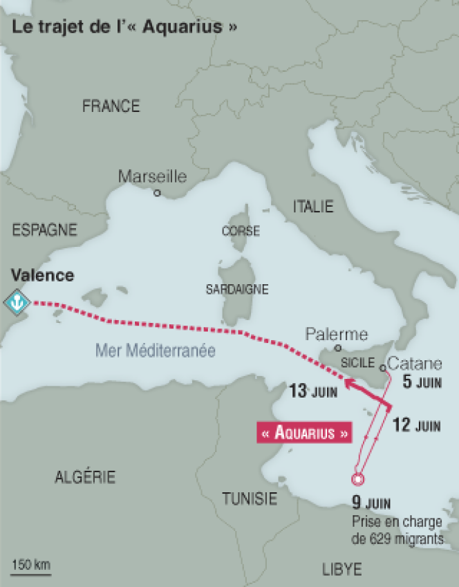Position de l’« Aquarius » dans la mer Méditerranée, au 13 juin.