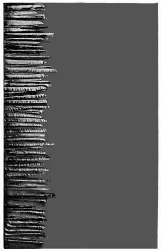 « Cette œuvre – la plus récente de l’exposition de Martigny – est présentée pour la première fois. Haute et étroite, sa partie senestre est entaillée de coups de lame relevant la matière en une colonne irrégulière de traits plus ou moins saillants. Cette œuvre du début de ce siècle, outre qu’elle exprime une forme très apurée de la peinture de Soulages, cohérente et autonome, est une ode à la lumière souveraine que le peintre entend bien renouveler. »
