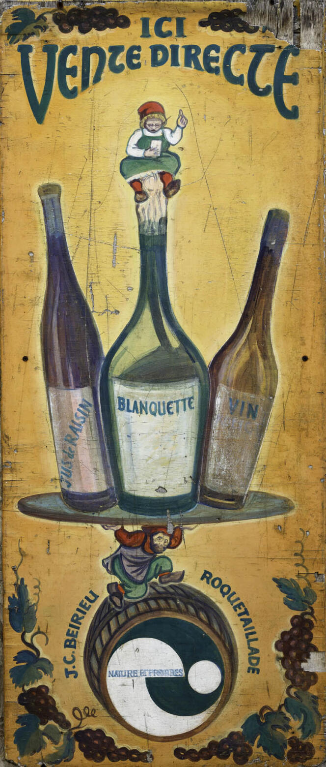 Ancienne affiche publicitaire pour les vins J.-C. Beirieu, à Roquetaillade, dans le Limouxin.
