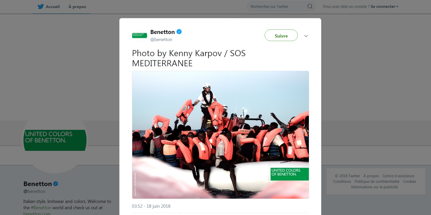 La campagne de Benetton montrant des migrants de l'Aquarius