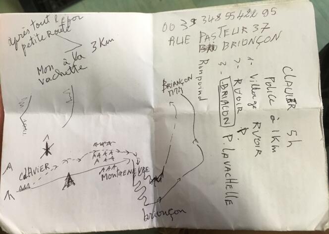 Le plan sommaire utilisé par Billy pour rallier Briançon depuis Clavière, en Italie.
