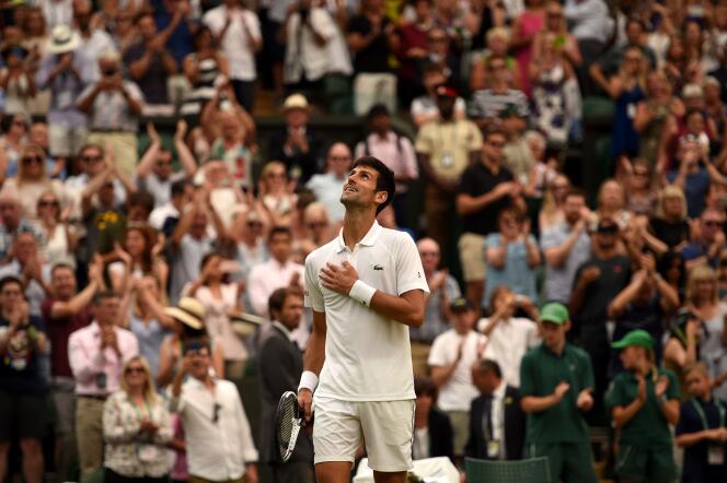 Le Serbe Novak Djokovic, lors de sa victoire en demi-finale du tournoi de Wimbledon face à Rafael Nadal, le 14 juillet 2018.