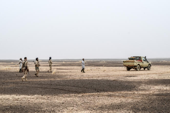Des membres du MSA (Mouvement pour le salut de l’Azawad) patrouillent près de la frontière nigérienne près de Menaka (Mali), en février.