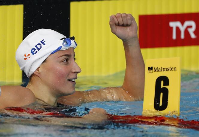 Charlotte Bonnet, sacrée championne d’Europe du 200 mètres nage libre, le 6 août, à Glasgow (Ecosse).