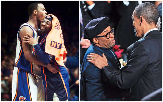 Spike Lee en 2000 avec Chris Childs, basketteur des New York Knicks dont il est un fervent supporteur ; et avec Barack Obama, en 2011.