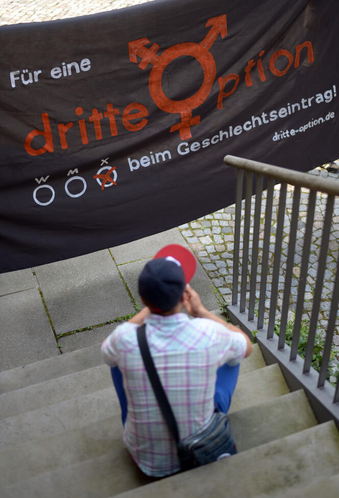 Le 28 juillet 2014 à Gehrden, près de Hanovre, dans le nord de l’Allemagne, une personne intersexuée se trouve à côté d’une bannière où l’on peut lire « Pour une troisième option ».