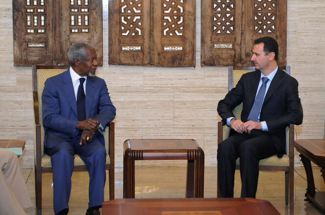 Rencontre entre le président syrien Bachar Al-Assad et Kofi Annan dans sa fonction de médiateur de l’ONU et de la Ligue arabe en Syrie, à Damas, le 9 juillet 2012.
