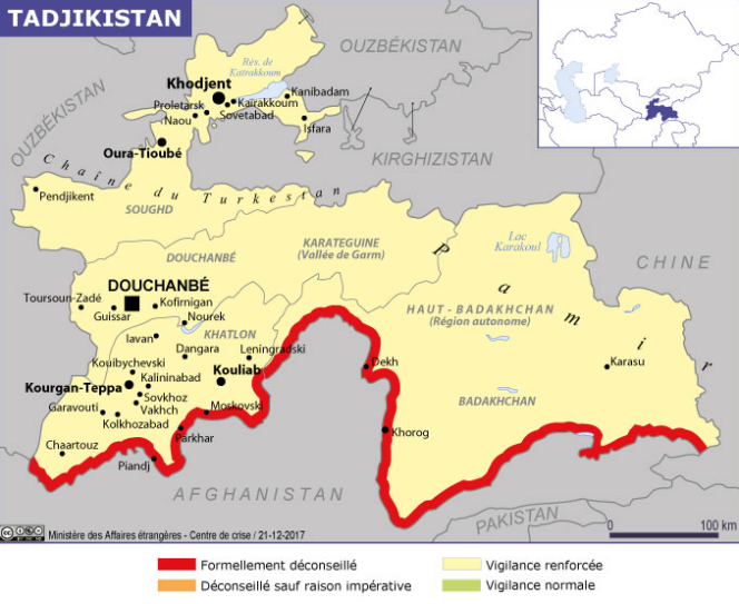 Régions conseillées et déconseillées au Tadjikistan par le ministère des affaires étrangères français.
