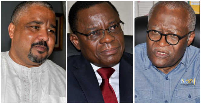 De gauche à droite, les opposants camerounais Joshua Osih, Maurice Kamto et Akere Muna, candidats à l’élection présidentielle de 2018.