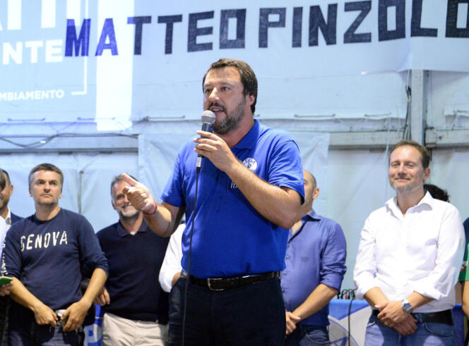 Le ministre de l’intérieur Matteo Salvini prend la parole lors d’un meeting de la Ligue, à Pinzolo, le 25 août.