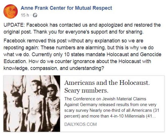 La publication censurée par Facebook, une fois remise en ligne et mise à jour par le Anne Frank Center.