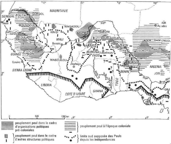 Carte de peuplement de la communauté peule tirée de l’ouvrage de Jean Boutrais « Pour une nouvelle cartographie des Peuls », éd. Cahiers d’études africaines, 1994.