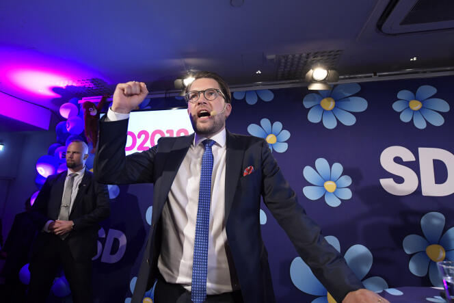 Jimmie Akesson, le leader de la formation d’extrême droite Démocrates de Suède, à l’issue des élections législatives, le 9 septembre à Stockholm.