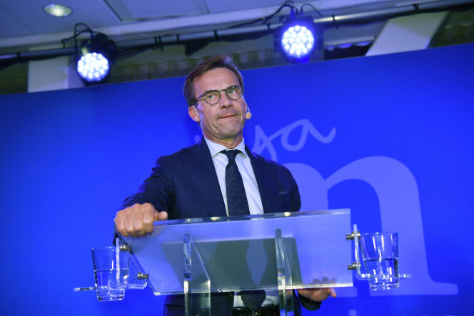 Le leader du parti Les Modérés, Ulf Kristersson, lors de la réunion de ses militants après les élections, à Stockholm, le 9 septembre.