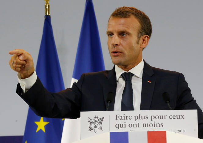 Emmanuel Macron au Musée de l’homme, place du Trocadéro, à Paris, où il a annoncé les détails du plan pauvreté du gouvernement, jeudi 13 septembre.