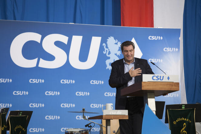 Markus Söder, ministre-président de Bavière, pendant son discours présentant le programme électoral de la CSU, à Munich, le 15 septembre.