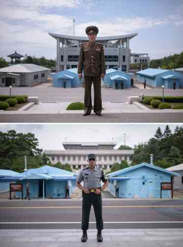En haut, le lieutenant Kim, soldat de l’Armée populaire coréenne (KPA), du côté nord du village de Panmunjom. En bas, le caporal Woo, soldat de l’armée de la République de Corée dans le sud du village de Panmunjom, dans la zone démilitarisée (DMZ) séparant la Corée du Nord et la Corée du Sud.
