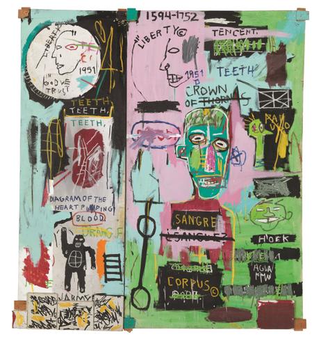 « Avec deux grandes toiles montées sur des supports en bois, Jean-Michel Basquiat entremêle, avec force, mots et images, en y apposant des sujets récurrents tels que le corps humain, son anatomie, ou encore la représentation du martyr. Le titre fait référence à son voyage en Italie soulignant ainsi sa fascination pour les maîtres de la Renaissance. »