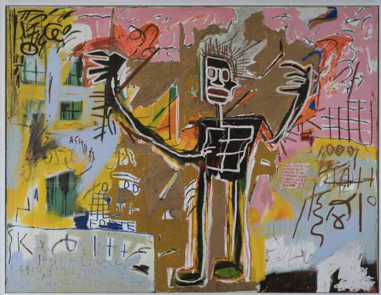 « Figures d’athlètes ou de musiciens, représentations allégoriques de saints, de combattants ou de condamnés, Jean-Michel Basquiat  va forcer le trait de ces corps pour les montrer dans une position dominante. A travers ces figures inhumaines et surdimensionnées, il témoigne de la lutte de l’homme noir contre l’oppression et le racisme qu’il subit (violence policière et persécutions). »