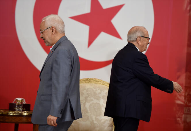 Le président tunisien, Béji Caïd Essebsi, et le dirigeant du parti Ennahda, Rached Ghannouchi, en juillet 2016 au palais de Carthage, près de Tunis.