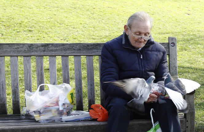 Un homme nourrit des pigeons à Londres, le 8 mars 2012.