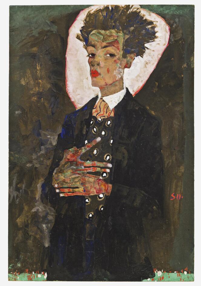 « Autoportrait au gilet, debout » (1911), par Egon Schiele, gouache, aquarelle et crayon gras sur papier, monté sur carton.