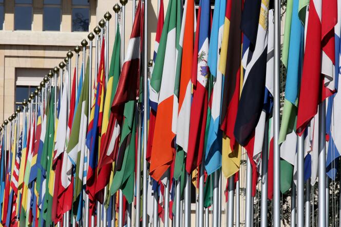 Alignement de drapeaux devant l’entrée des Nations unies à Genève.