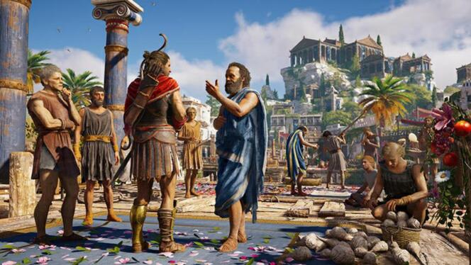 Alexos, l’un des deux héros, s’entretient avec Socrate à Athènes, dans « Assassin’s Creed Odyssey », d’Ubisoft.