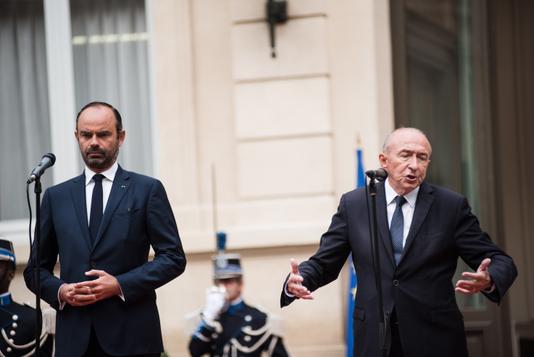 Jullien Muguet pour «Le Monde» Lors de la passation de pouvoir entre Gérard Collomb et Edouard Philippe, mercredi matin.