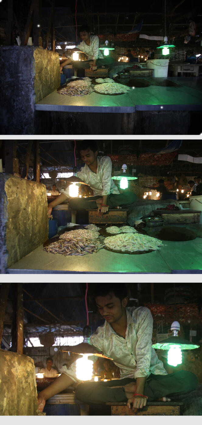 Un marchand de poisson au Bangladesh. Avec trois capteurs photo, on peut photographier une image ultra grande angle (en haut, 16 mm) et une image au téléobjectif (en bas, 50 mm). A noter, l’ultra grand angle du Samsung produira des images encore plus larges.