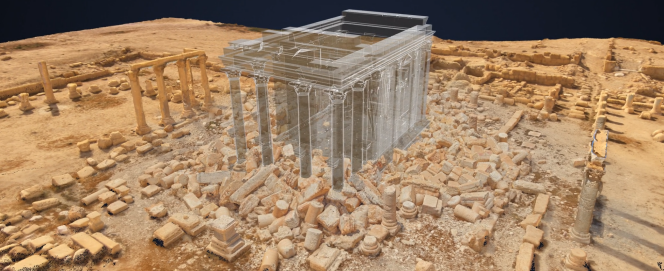 Reconstitution numérique du temple Baalshamin ( Syrie), à partir de milliers de photos prises par drone et au sol par Yves Ubelmann, présenté dans l’exposition « Cités millénaires » à l’IMA.