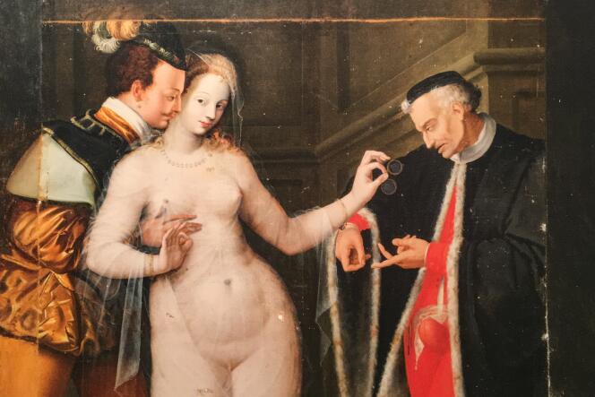 Scène de comédie dit « La Femme entre deux âges » (1580-1585), peinture anonyme récemment restaurée par le Centre de recherche et de restauration des musées de France.