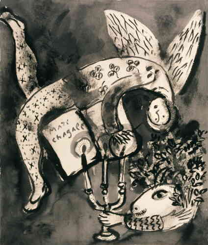 « Conscient de la nécessité de mise en lumière continue du passé dans le présent de l’après-guerre, Marc Chagall associe dans un espace imprégné de demi-teintes en lavis, le monde du cirque par un acrobate ailé en demi-cercle inversé et celui de la Bible par le chandelier au centre. »