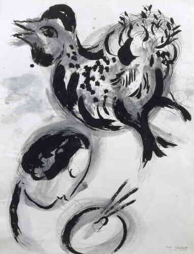« Dès son retour de l’exil américain en France fin 1947, Chagall renoue avec le dessin en noir et blanc mais lui confère, comme dans ce lavis d’encre de Chine sur papier Japon, une nouvelle dimension plastique. Avec beaucoup de liberté et d’audace, les sujets récurrents du peintre et du coq prennent corps sur un fond vibrant laissé en réserve. »