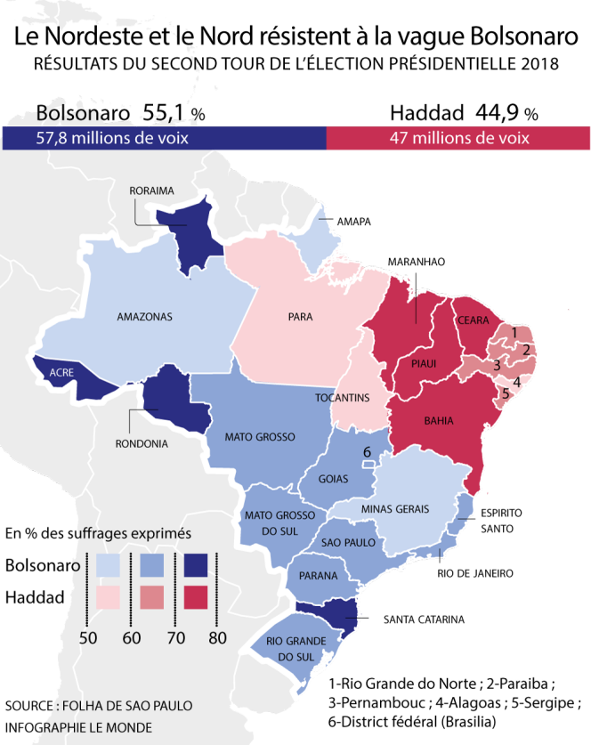 La carte des résultats du second tour de l’élection présidentielle au Brésil.