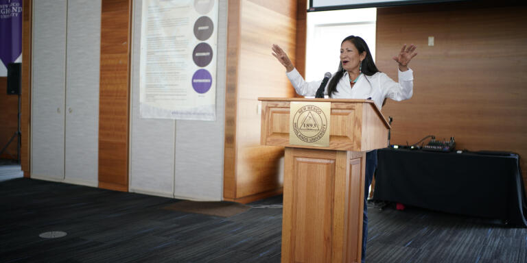New Mexico 1st Congressional District, democratic candidate, Deb Haaland, speaks to the group invited by the New Mexico Highland University's Native American Center in Las Vegas, NM on Monday Oct. 8, 2018.