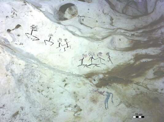 Figures humaines dessinées dans une grotte de Bornéo (Indonésie) et datées d’au moins 13 600 ans – mais qui pourraient avoir 20 000 ans.