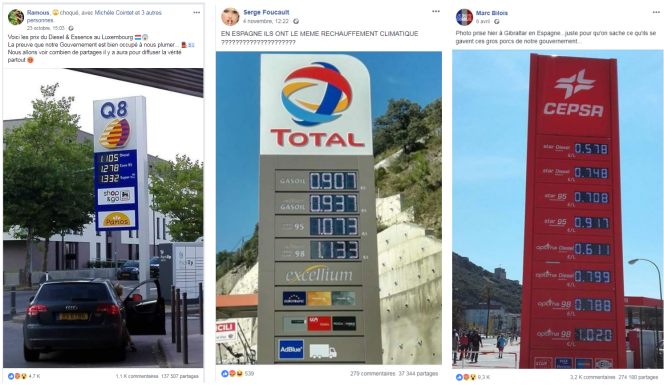 Des publications relayées sur les réseaux sociaux au sujet des prix de l’essence au Luxembourg, en Espagne et à Gibraltar.
