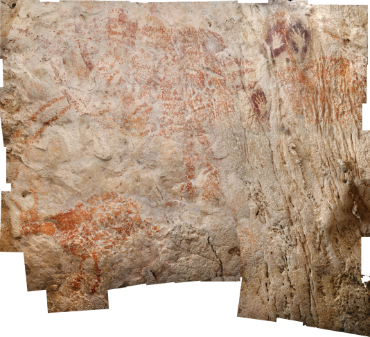 Panneau peint d’une grotte de Bornéo représentant des animaux, daté d’au moins 40 000 ans.