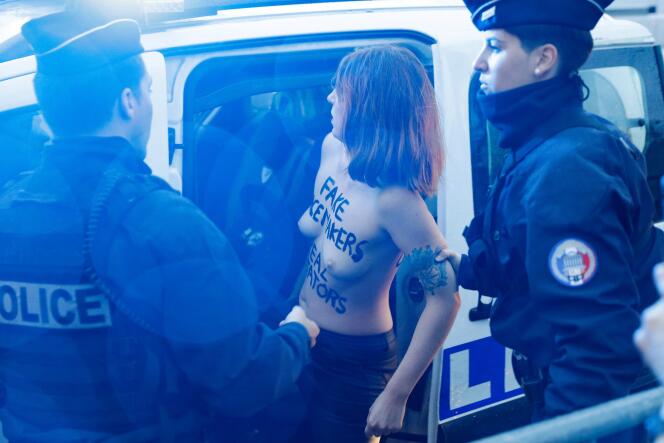 Une des Femen ayant participé à l’action du 10 novembre 2018 devant l’Arc de triomphe, à Paris.
