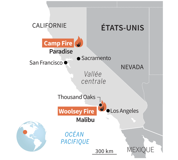 Carto des incendies en Californie, Camp fire et Woolsey fire, au 12 novembre 2018