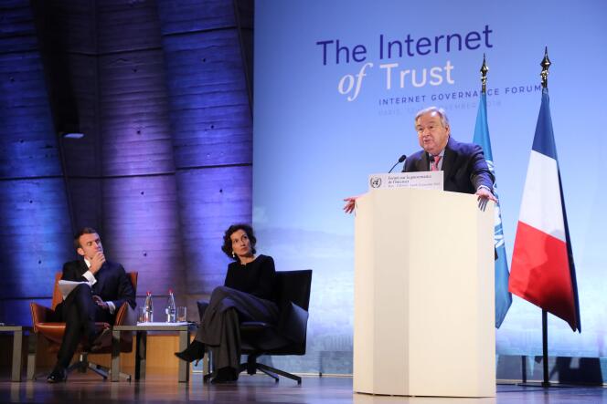 Le secrétaire général des Nations unies, Antonio Guterres, lors de l’ouverture du Forum sur la gouvernance de l’Internet, le 12 novembre, à Paris.