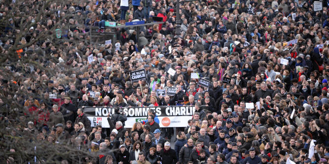 Marche républicaine le 11 janvier 2015, à Paris, en hommage aux 17 victimes des attaques djihadistes.