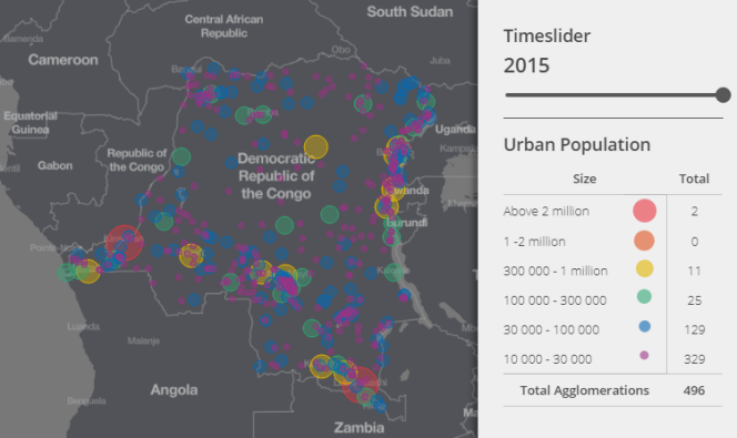 Visualisation des agglomérations en République démocratique du Congo en 2015.
