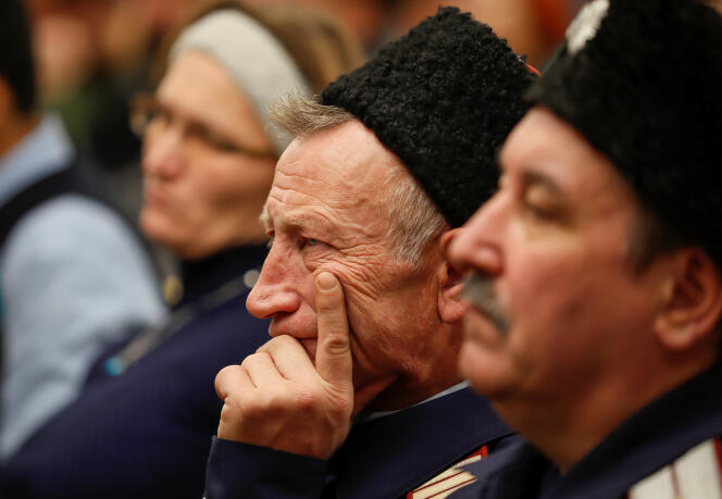 Lors d’une réunion d’anciens combattants sur le mercenariat russe, à Moscou, le 18 novembre.